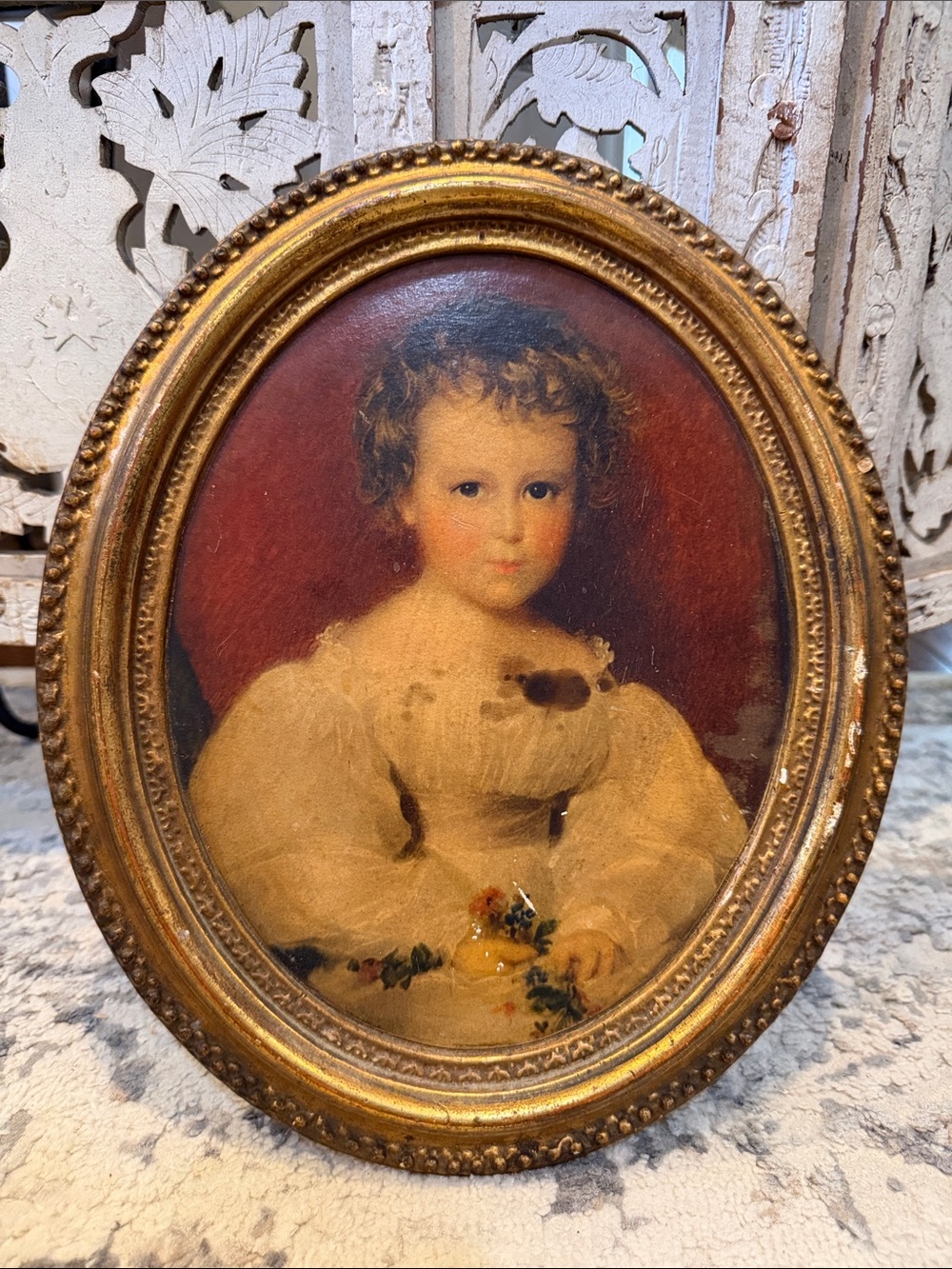 Vintage Oval Portrait Painting in Gold Frame with Cream and Red Tones